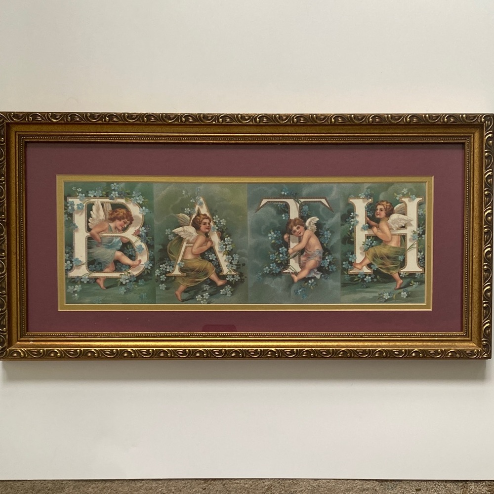 Vtg Cherub Angel Bath Art Ornate Gold Frame Victorian Hollywood Regency Wall Art